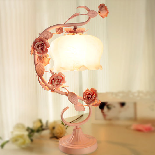 Scalloped White Glass Table Light Country Style 1 Head Bedroom LED Nightstand Lamp with Rose White Clearhalo 'Lamps' 'Table Lamps' Lighting' 391257