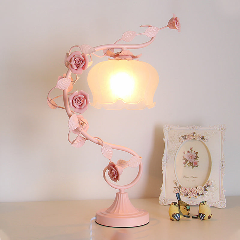 Pastoral Bloom Nightstand Lamp 1 Bulb Frosted White Glass Night Table Light in Pink Pink Clearhalo 'Lamps' 'Table Lamps' Lighting' 391261