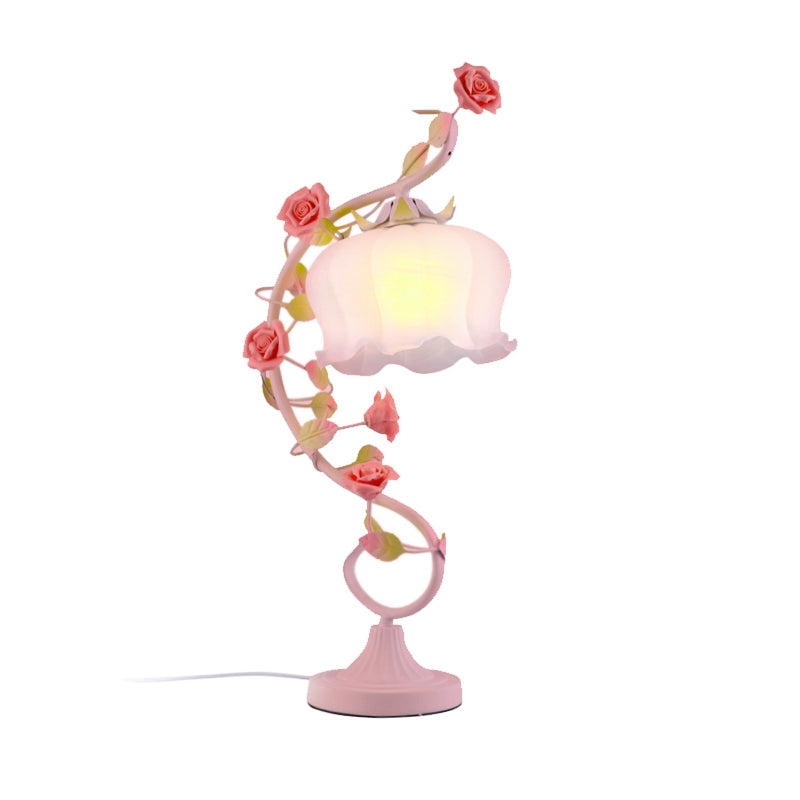 Pastoral Bloom Nightstand Lamp 1 Bulb Frosted White Glass Night Table Light in Pink Clearhalo 'Lamps' 'Table Lamps' Lighting' 391264