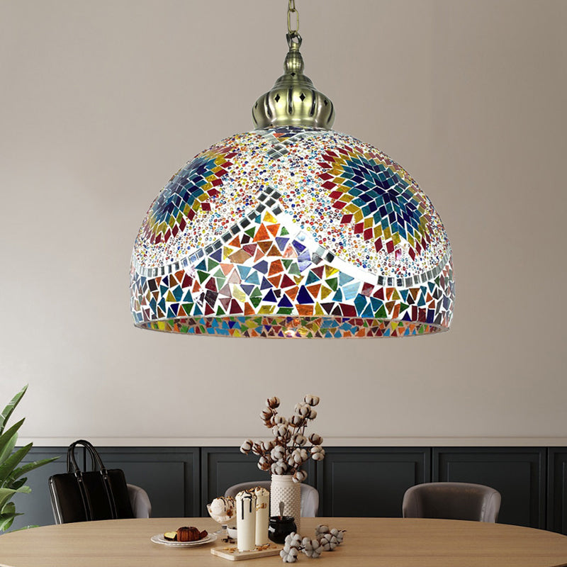 Dome Stained Art Glass Pendant Light Traditional 1 Head Living Room Hanging Ceiling Light in Blue/Green Clearhalo 'Ceiling Lights' 'Glass shade' 'Glass' 'Pendant Lights' 'Pendants' Lighting' 391272