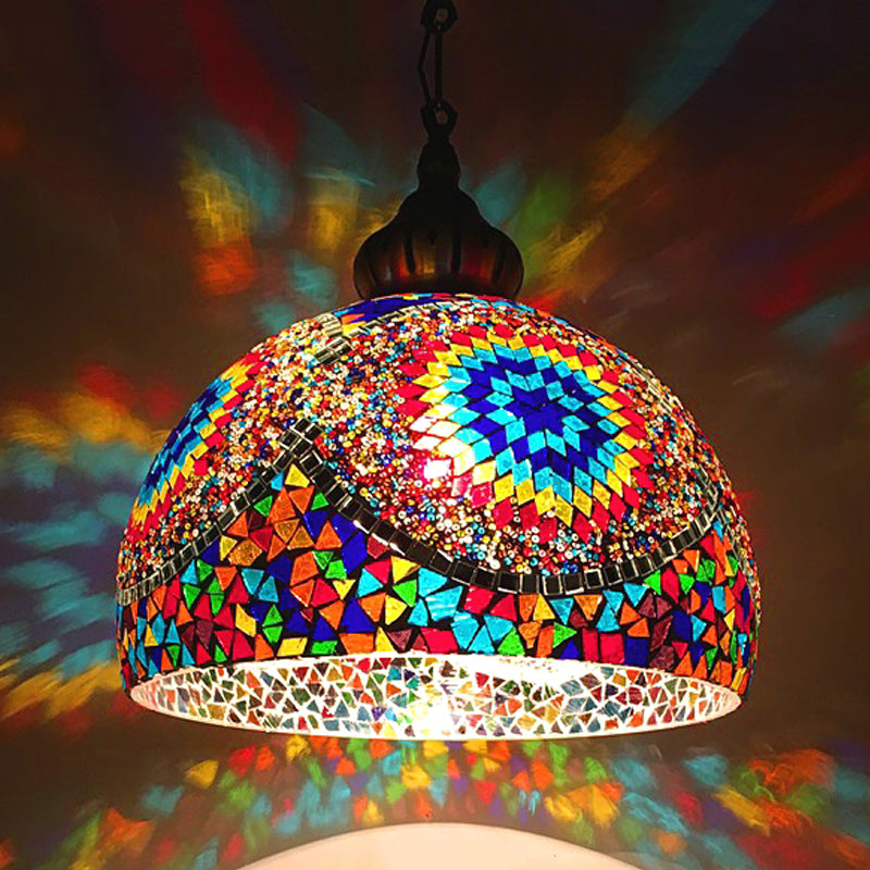 Dome Stained Art Glass Pendant Light Traditional 1 Head Living Room Hanging Ceiling Light in Blue/Green Clearhalo 'Ceiling Lights' 'Glass shade' 'Glass' 'Pendant Lights' 'Pendants' Lighting' 391274