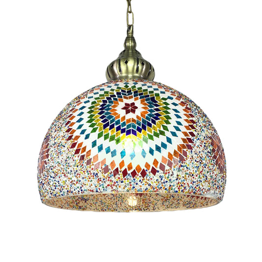 Dome Stained Art Glass Pendant Light Traditional 1 Head Living Room Hanging Ceiling Light in Blue/Green Green Clearhalo 'Ceiling Lights' 'Glass shade' 'Glass' 'Pendant Lights' 'Pendants' Lighting' 391276