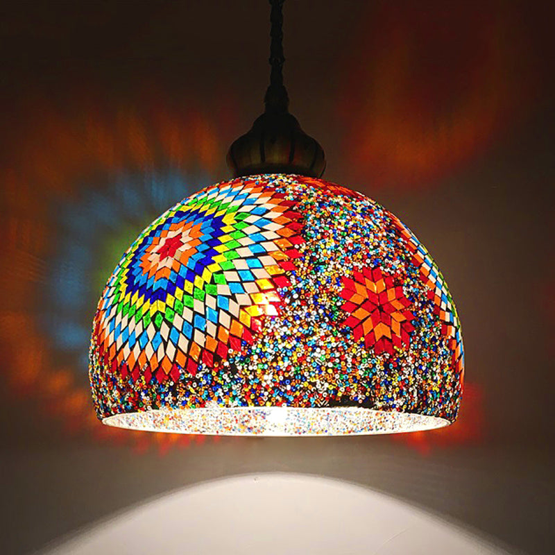Dome Stained Art Glass Pendant Light Traditional 1 Head Living Room Hanging Ceiling Light in Blue/Green Clearhalo 'Ceiling Lights' 'Glass shade' 'Glass' 'Pendant Lights' 'Pendants' Lighting' 391277