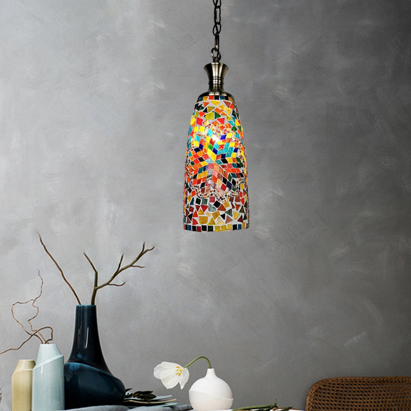 Handcrafted Art Glass Red/Yellow/Blue Ceiling Light Elongated 1 Head Traditional Pendant Light Fixture Red Clearhalo 'Ceiling Lights' 'Glass shade' 'Glass' 'Pendant Lights' 'Pendants' Lighting' 391278