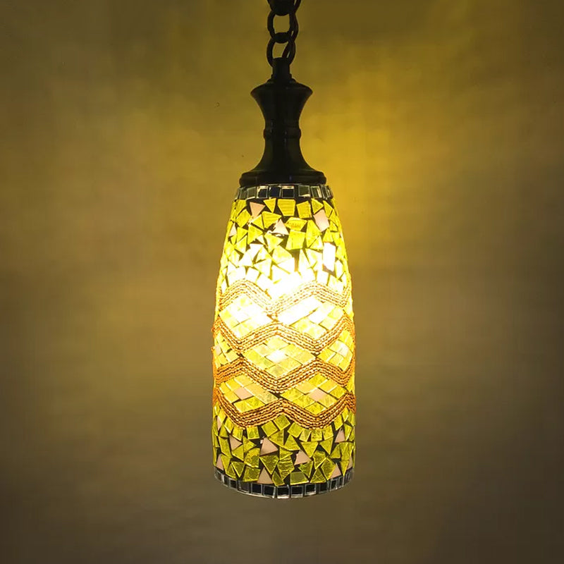 Handcrafted Art Glass Red/Yellow/Blue Ceiling Light Elongated 1 Head Traditional Pendant Light Fixture Yellow Clearhalo 'Ceiling Lights' 'Glass shade' 'Glass' 'Pendant Lights' 'Pendants' Lighting' 391284
