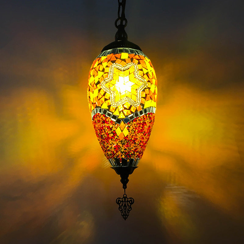 Traditional Urn Hanging Lamp Kit 1 Head Hand Cut Glass Pendant Lighting in Red/Yellow/Blue Yellow Clearhalo 'Ceiling Lights' 'Glass shade' 'Glass' 'Pendant Lights' 'Pendants' Lighting' 391289