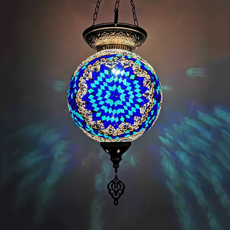 1 Light Stained Art Glass Pendant Light Kit Vintage White/Red/Blue Globe Dining Room Hanging Ceiling Light Clearhalo 'Ceiling Lights' 'Glass shade' 'Glass' 'Pendant Lights' 'Pendants' Lighting' 391297