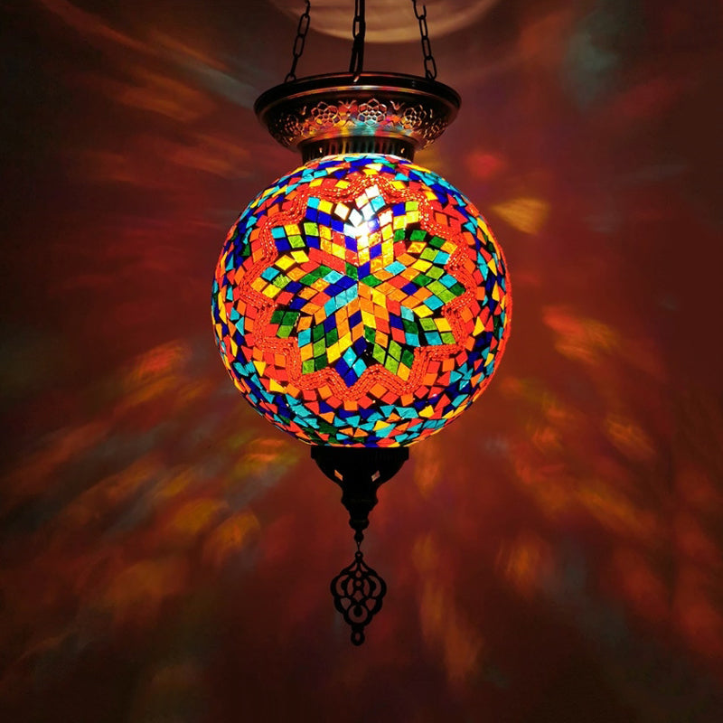 1 Light Stained Art Glass Pendant Light Kit Vintage White/Red/Blue Globe Dining Room Hanging Ceiling Light Clearhalo 'Ceiling Lights' 'Glass shade' 'Glass' 'Pendant Lights' 'Pendants' Lighting' 391299