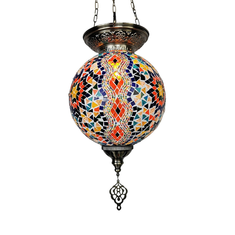 Globe Restaurant Pendant Light Kit Traditional Hand Rolled Art Glass 1 Head White/Red/Yellow Suspension Light Clearhalo 'Ceiling Lights' 'Glass shade' 'Glass' 'Pendant Lights' 'Pendants' Lighting' 391304