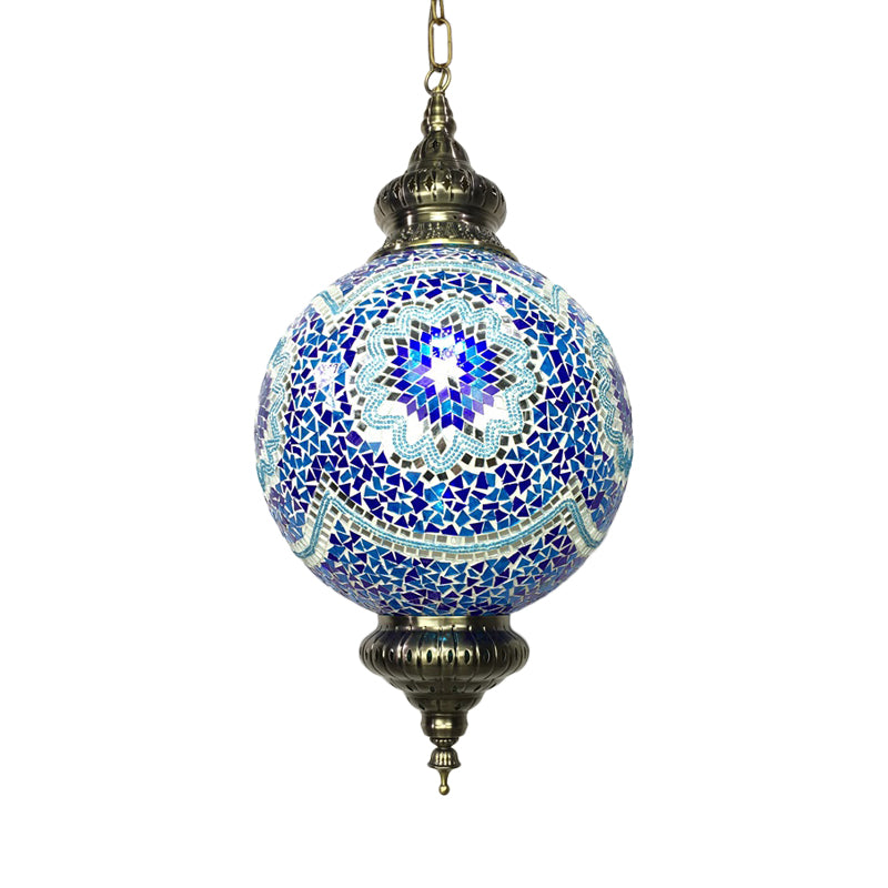 Cut Glass Globe Suspension Lighting Traditional 1 Light Dining Room Pendant Lamp in Red/Yellow/Blue Blue Clearhalo 'Ceiling Lights' 'Glass shade' 'Glass' 'Pendant Lights' 'Pendants' Lighting' 391331