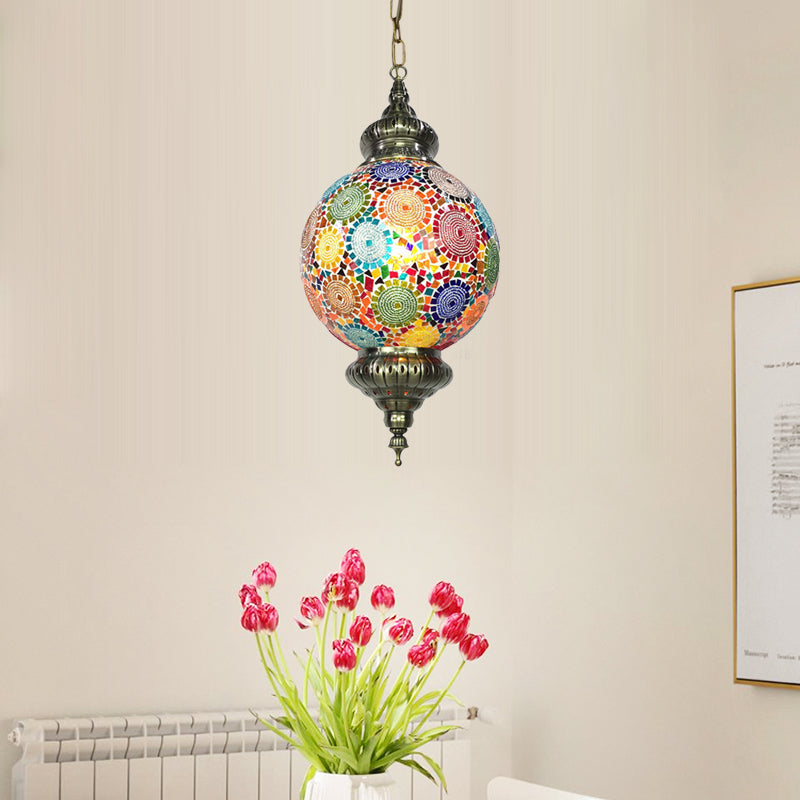 Vintage Orb Ceiling Suspension Lamp 1 Head Stained Glass Hanging Pendant Light in Red/Yellow/Blue Red-Yellow Clearhalo 'Ceiling Lights' 'Glass shade' 'Glass' 'Pendant Lights' 'Pendants' Lighting' 391333
