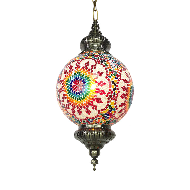 Vintage Orb Ceiling Suspension Lamp 1 Head Stained Glass Hanging Pendant Light in Red/Yellow/Blue Red Clearhalo 'Ceiling Lights' 'Glass shade' 'Glass' 'Pendant Lights' 'Pendants' Lighting' 391338