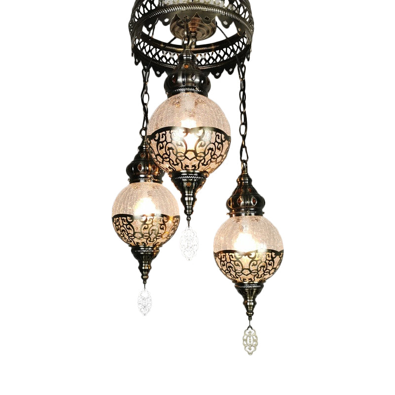 3 Heads Chandelier Lighting Traditional Globe Crackle Glass Hanging Ceiling Light in White/Bronze Clearhalo 'Ceiling Lights' 'Chandeliers' 'Glass shade' 'Glass' Lighting' 391420