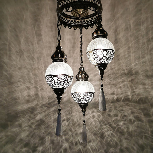 3 Heads Chandelier Lighting Traditional Globe Crackle Glass Hanging Ceiling Light in White/Bronze Clearhalo 'Ceiling Lights' 'Chandeliers' 'Glass shade' 'Glass' Lighting' 391423