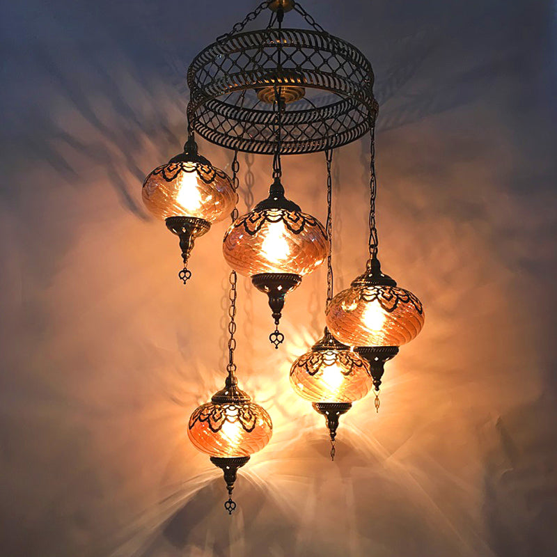 3/5 Heads Amber Swirl Glass Pendant Light Traditional Bronze Oval Living Room Hanging Chandelier 5 Bronze Clearhalo 'Ceiling Lights' 'Chandeliers' 'Glass shade' 'Glass' Lighting' 391433