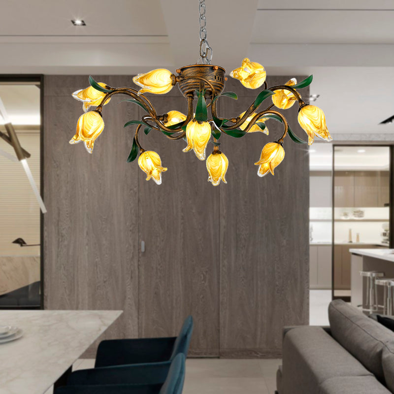 Metal Brass Chandelier Light Fixture Tulip 12-Bulb Korean Garden LED Drop Pendant for Dining Room Clearhalo 'Ceiling Lights' 'Chandeliers' Lighting' options 391453