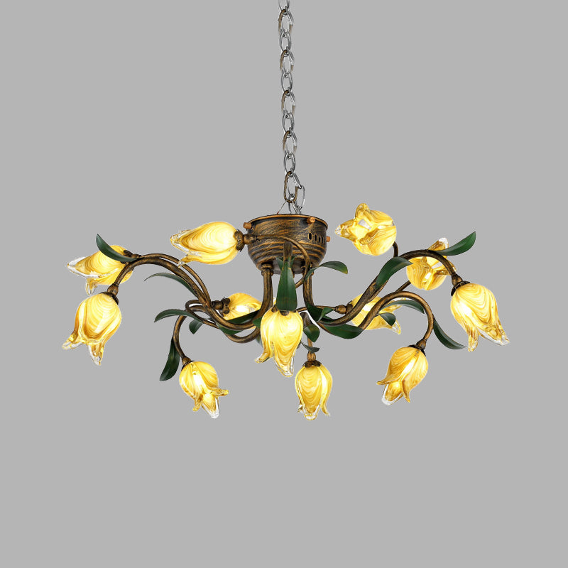 Metal Brass Chandelier Light Fixture Tulip 12-Bulb Korean Garden LED Drop Pendant for Dining Room Clearhalo 'Ceiling Lights' 'Chandeliers' Lighting' options 391456