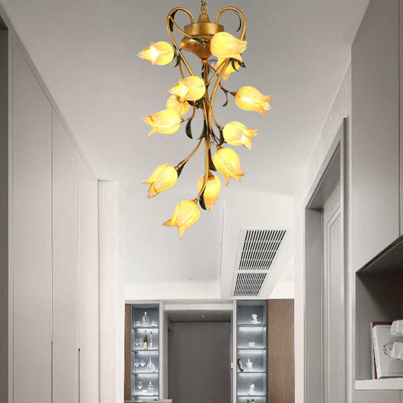 12 Bulbs Metal Hanging Chandelier American Garden Brass Blossom Living Room LED Pendant Lighting Fixture Brass A Clearhalo 'Ceiling Lights' 'Chandeliers' Lighting' options 391469_785291f7-ed70-4a50-9f3f-617dea48d9ff