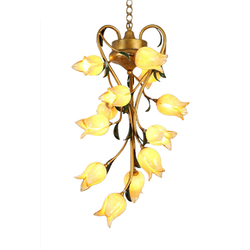 12 Bulbs Metal Hanging Chandelier American Garden Brass Blossom Living Room LED Pendant Lighting Fixture Clearhalo 'Ceiling Lights' 'Chandeliers' Lighting' options 391471
