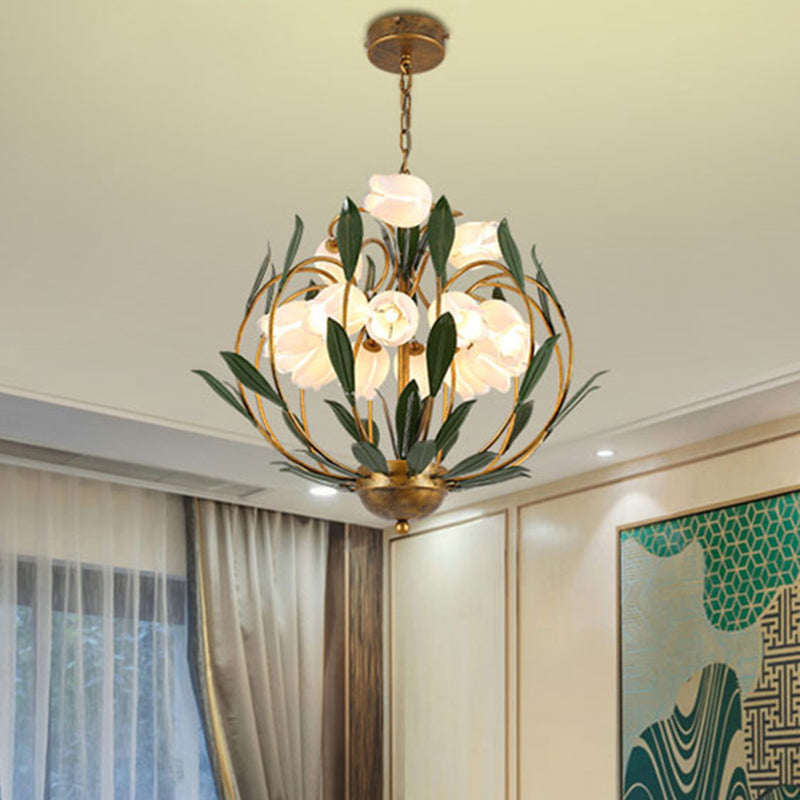 Floral Living Room Chandelier Lighting Countryside Metal 15-Bulb Brass LED Pendant Light Fixture Clearhalo 'Ceiling Lights' 'Chandeliers' Lighting' options 391484