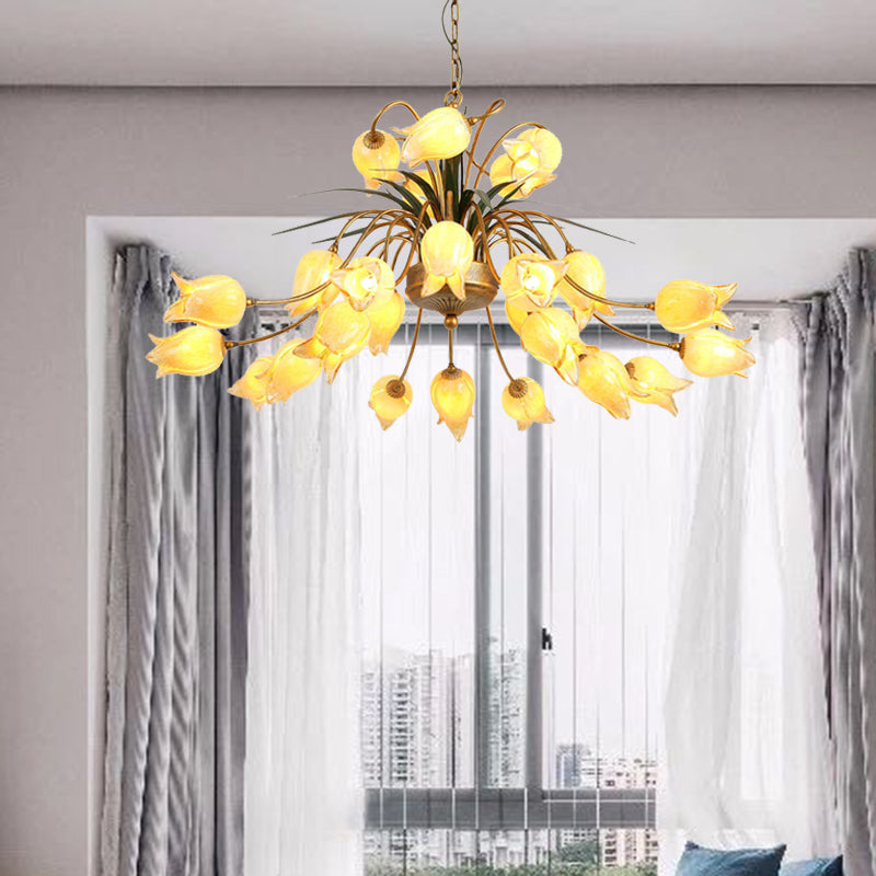 Metal Tulip/Lily Chandelier Light Fixture Romantic Pastoral 25 Lights Living Room LED Ceiling Pendant in Brass Brass A Clearhalo 'Ceiling Lights' 'Chandeliers' Lighting' options 391486_091df1a8-09d9-4b7b-b9aa-f00eee3dbf67