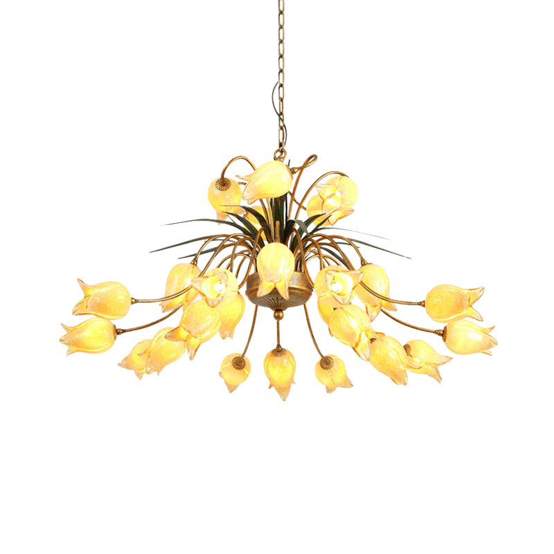 Metal Tulip/Lily Chandelier Light Fixture Romantic Pastoral 25 Lights Living Room LED Ceiling Pendant in Brass Clearhalo 'Ceiling Lights' 'Chandeliers' Lighting' options 391488