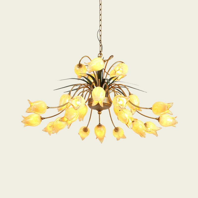 Metal Tulip/Lily Chandelier Light Fixture Romantic Pastoral 25 Lights Living Room LED Ceiling Pendant in Brass Clearhalo 'Ceiling Lights' 'Chandeliers' Lighting' options 391489
