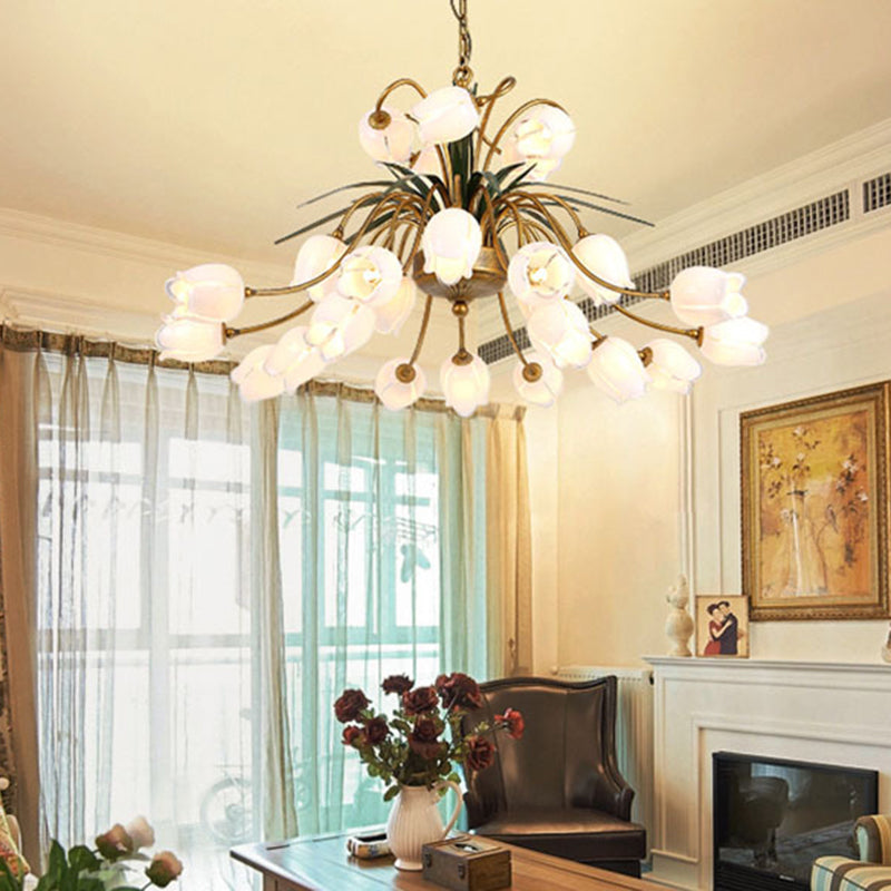 Metal Tulip/Lily Chandelier Light Fixture Romantic Pastoral 25 Lights Living Room LED Ceiling Pendant in Brass Brass C Clearhalo 'Ceiling Lights' 'Chandeliers' Lighting' options 391491_77e70dfc-ba6d-467c-930d-884613988fa1