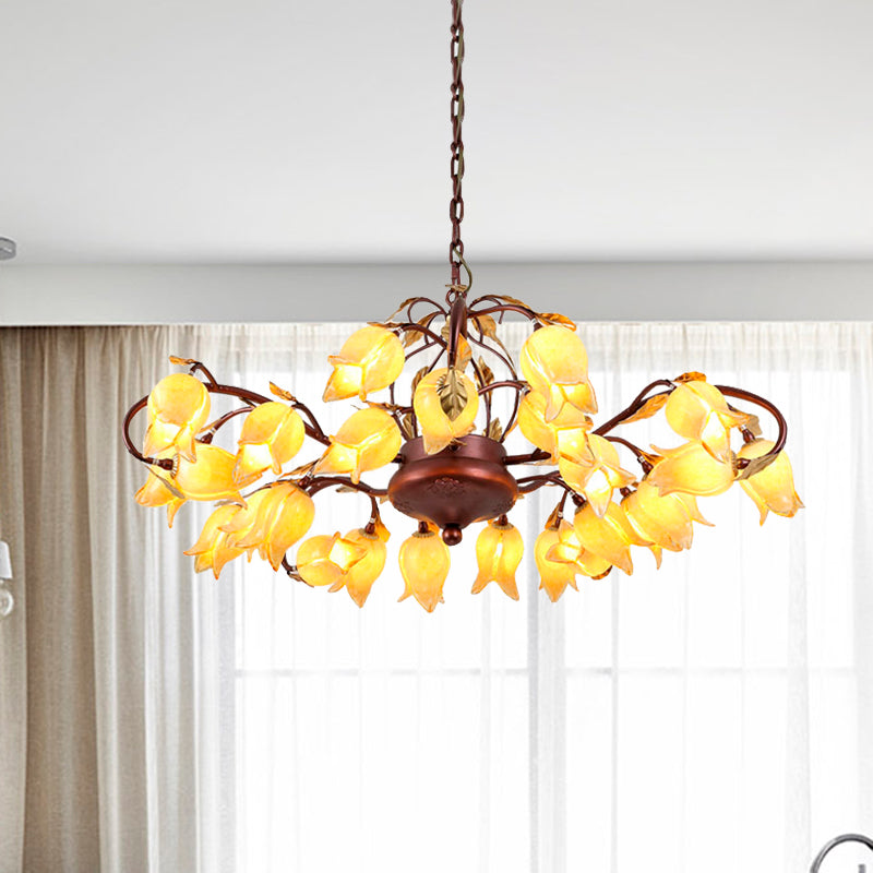Tulip/Lily Metal Chandelier Light Pastoral Style 25 Bulbs Living Room LED Pendant Lamp in Brass Clearhalo 'Ceiling Lights' 'Chandeliers' Lighting' options 391497