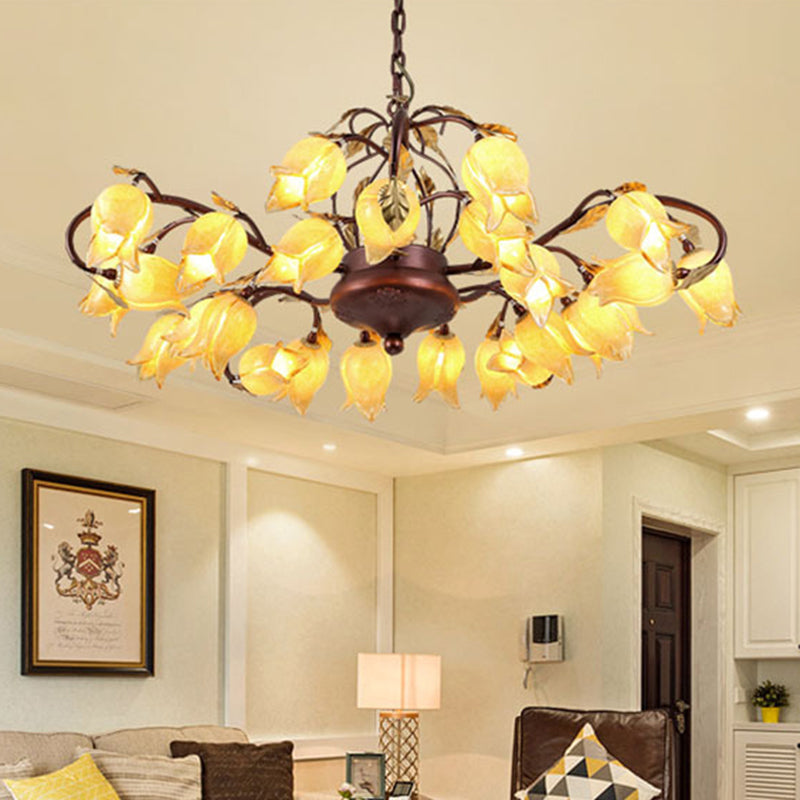 Tulip/Lily Metal Chandelier Light Pastoral Style 25 Bulbs Living Room LED Pendant Lamp in Brass Clearhalo 'Ceiling Lights' 'Chandeliers' Lighting' options 391498