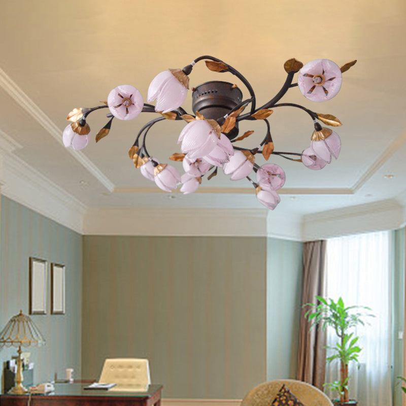 15 Lights Metal Semi Flush Light Romantic Pastoral Nickel Lotus Bedroom LED Close to Ceiling Lighting Nickel Clearhalo 'Ceiling Lights' 'Close To Ceiling Lights' 'Close to ceiling' 'Semi-flushmount' Lighting' 391524