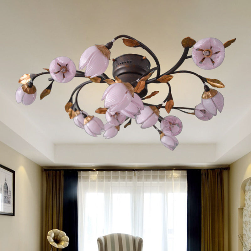 15 Lights Metal Semi Flush Light Romantic Pastoral Nickel Lotus Bedroom LED Close to Ceiling Lighting Clearhalo 'Ceiling Lights' 'Close To Ceiling Lights' 'Close to ceiling' 'Semi-flushmount' Lighting' 391525