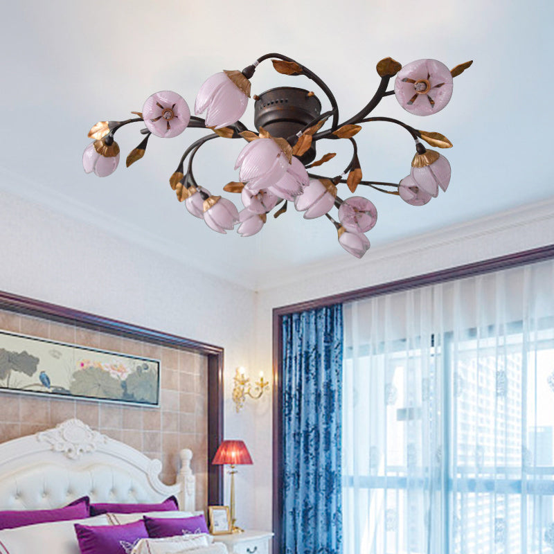 15 Lights Metal Semi Flush Light Romantic Pastoral Nickel Lotus Bedroom LED Close to Ceiling Lighting Clearhalo 'Ceiling Lights' 'Close To Ceiling Lights' 'Close to ceiling' 'Semi-flushmount' Lighting' 391526