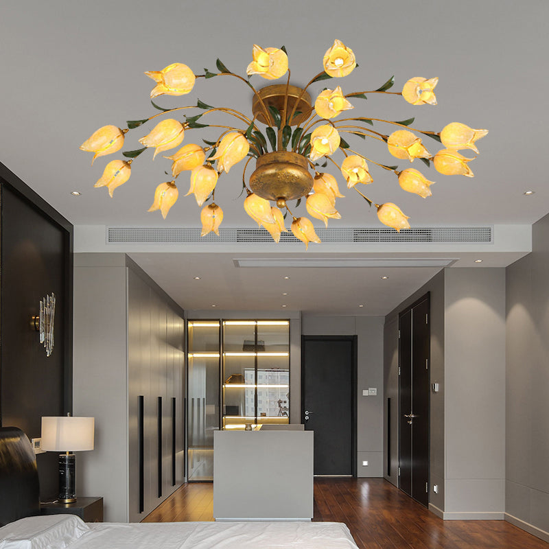 American Flower Ceiling Light Fixture 25 Bulbs Metal LED Semi Mount Lighting in Brass for Living Room Brass A Clearhalo 'Ceiling Lights' 'Close To Ceiling Lights' 'Close to ceiling' 'Semi-flushmount' Lighting' 391529