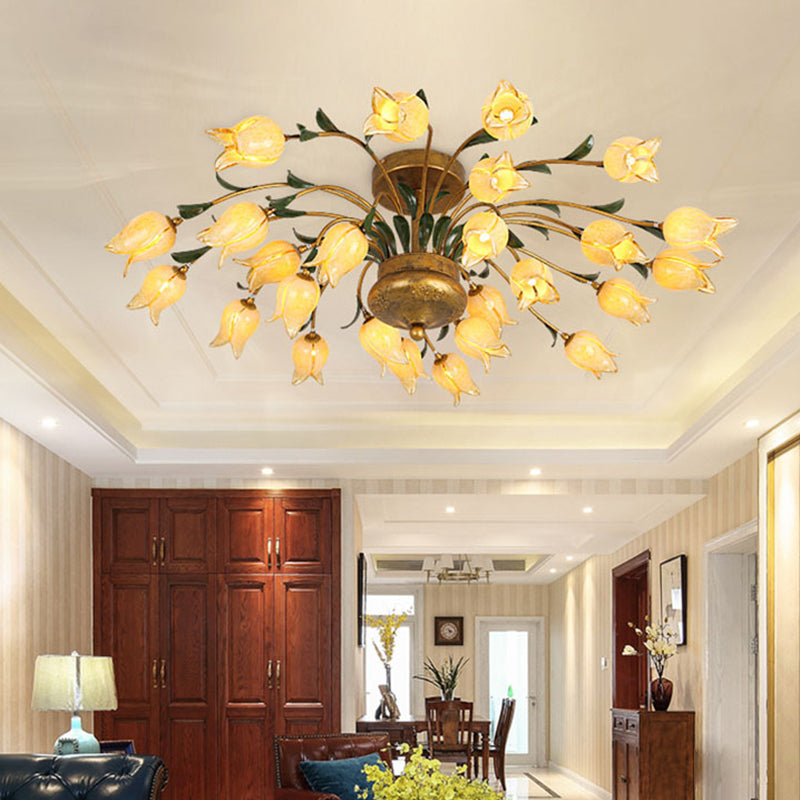 American Flower Ceiling Light Fixture 25 Bulbs Metal LED Semi Mount Lighting in Brass for Living Room Clearhalo 'Ceiling Lights' 'Close To Ceiling Lights' 'Close to ceiling' 'Semi-flushmount' Lighting' 391530