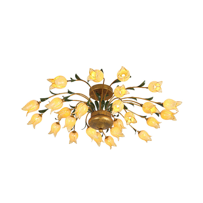 American Flower Ceiling Light Fixture 25 Bulbs Metal LED Semi Mount Lighting in Brass for Living Room Clearhalo 'Ceiling Lights' 'Close To Ceiling Lights' 'Close to ceiling' 'Semi-flushmount' Lighting' 391531