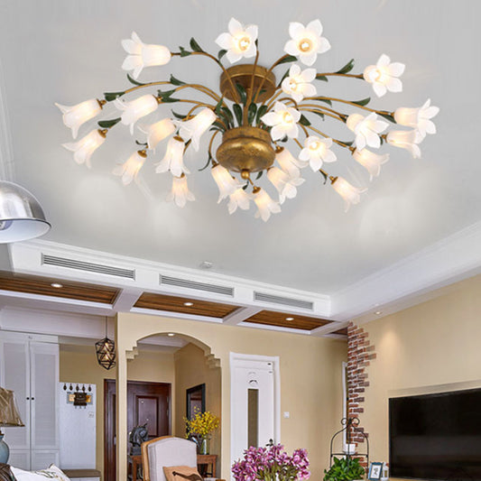 American Flower Ceiling Light Fixture 25 Bulbs Metal LED Semi Mount Lighting in Brass for Living Room Brass B Clearhalo 'Ceiling Lights' 'Close To Ceiling Lights' 'Close to ceiling' 'Semi-flushmount' Lighting' 391534