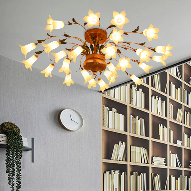 American Flower Ceiling Light Fixture 25 Bulbs Metal LED Semi Mount Lighting in Brass for Living Room Clearhalo 'Ceiling Lights' 'Close To Ceiling Lights' 'Close to ceiling' 'Semi-flushmount' Lighting' 391535