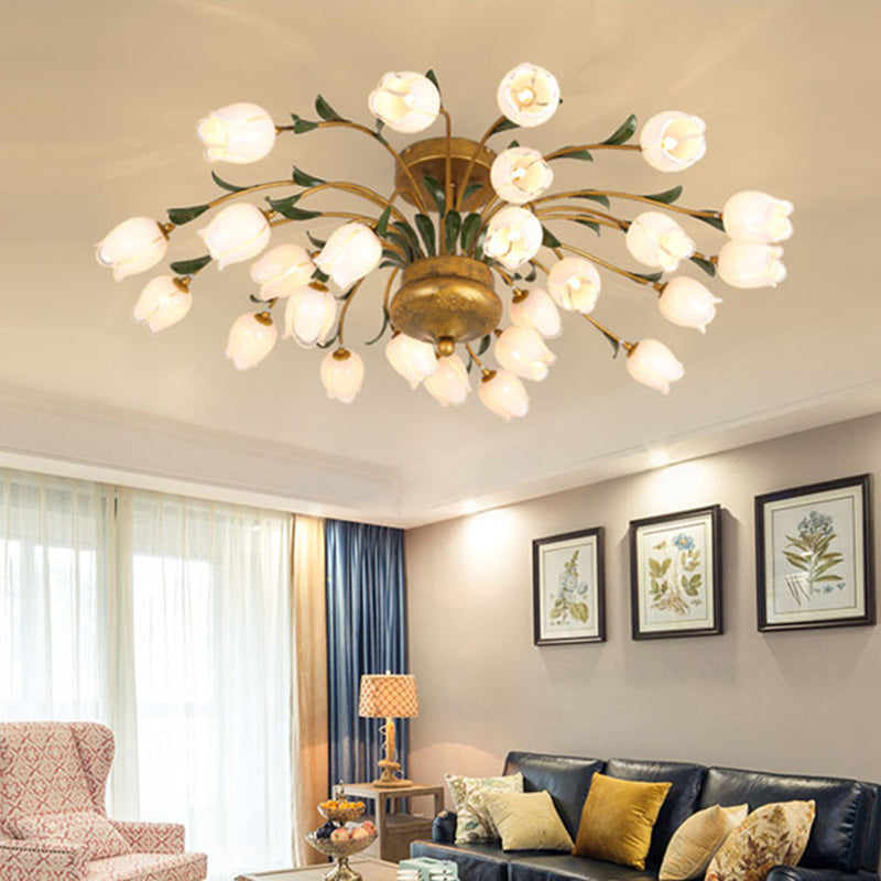 American Flower Ceiling Light Fixture 25 Bulbs Metal LED Semi Mount Lighting in Brass for Living Room Brass C Clearhalo 'Ceiling Lights' 'Close To Ceiling Lights' 'Close to ceiling' 'Semi-flushmount' Lighting' 391537