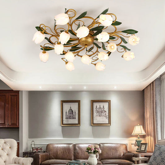 Metal Brass Ceiling Flush Lily/Tulip 16 Heads American Garden LED Semi Mount Lighting for Bedroom Brass C Clearhalo 'Ceiling Lights' 'Close To Ceiling Lights' 'Close to ceiling' 'Semi-flushmount' Lighting' 391545