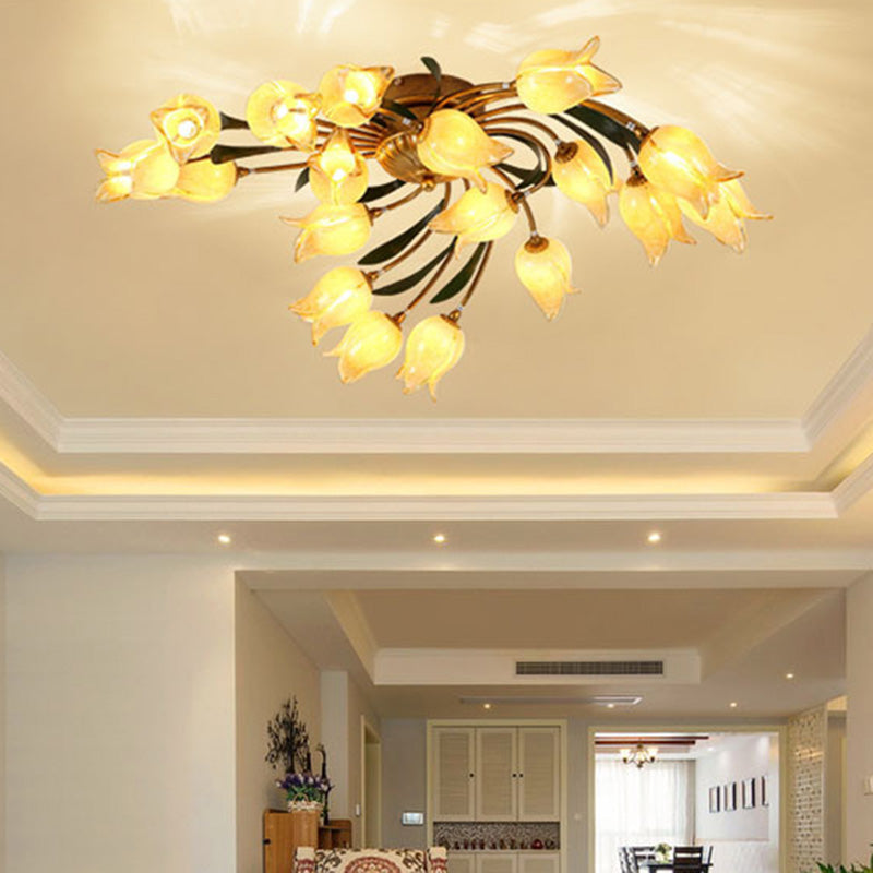 Metal Brass Ceiling Flush Tulip/Lily 18-Light American Garden LED Semi Mount Lighting for Living Room Brass A Clearhalo 'Ceiling Lights' 'Close To Ceiling Lights' 'Close to ceiling' 'Semi-flushmount' Lighting' 391584