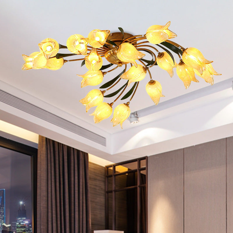 Metal Brass Ceiling Flush Tulip/Lily 18-Light American Garden LED Semi Mount Lighting for Living Room Clearhalo 'Ceiling Lights' 'Close To Ceiling Lights' 'Close to ceiling' 'Semi-flushmount' Lighting' 391585