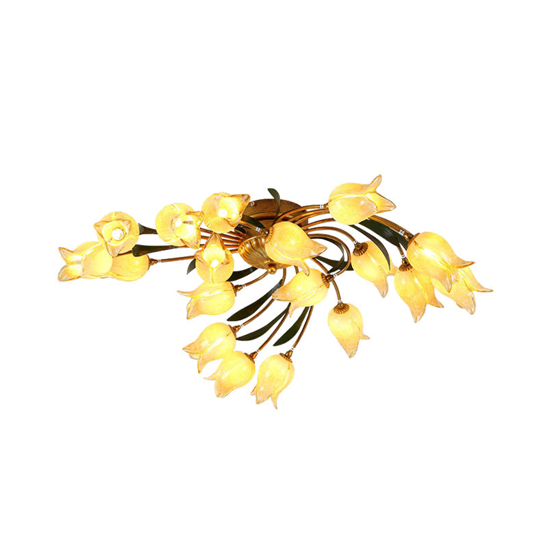 Metal Brass Ceiling Flush Tulip/Lily 18-Light American Garden LED Semi Mount Lighting for Living Room Clearhalo 'Ceiling Lights' 'Close To Ceiling Lights' 'Close to ceiling' 'Semi-flushmount' Lighting' 391586