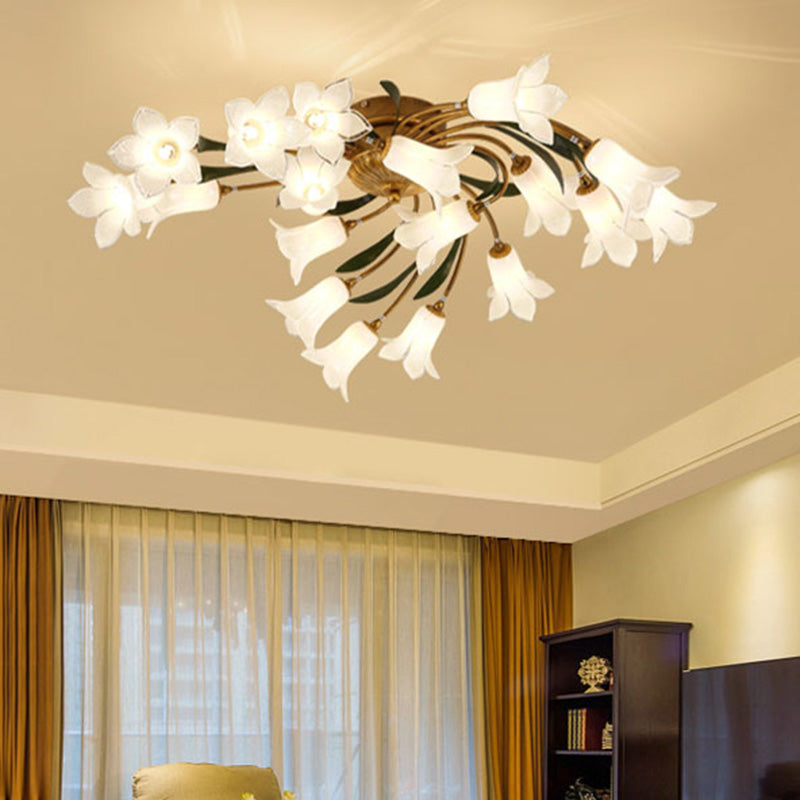 Metal Brass Ceiling Flush Tulip/Lily 18-Light American Garden LED Semi Mount Lighting for Living Room Brass B Clearhalo 'Ceiling Lights' 'Close To Ceiling Lights' 'Close to ceiling' 'Semi-flushmount' Lighting' 391589