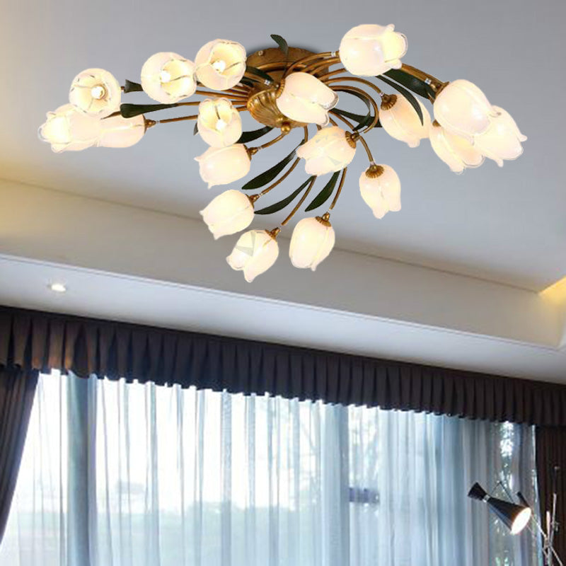 Metal Brass Ceiling Flush Tulip/Lily 18-Light American Garden LED Semi Mount Lighting for Living Room Brass C Clearhalo 'Ceiling Lights' 'Close To Ceiling Lights' 'Close to ceiling' 'Semi-flushmount' Lighting' 391592