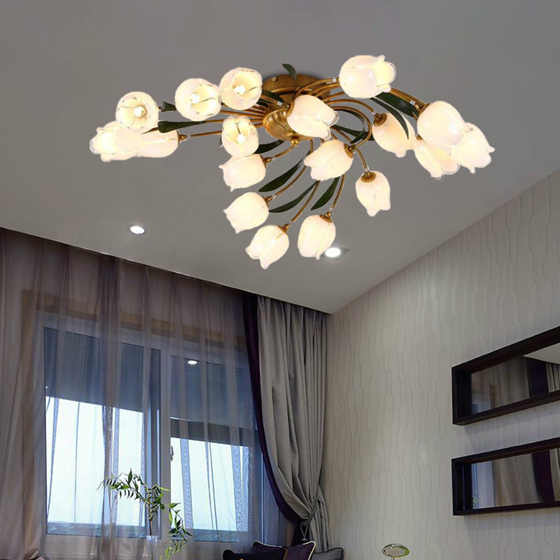 Metal Brass Ceiling Flush Tulip/Lily 18-Light American Garden LED Semi Mount Lighting for Living Room Clearhalo 'Ceiling Lights' 'Close To Ceiling Lights' 'Close to ceiling' 'Semi-flushmount' Lighting' 391593