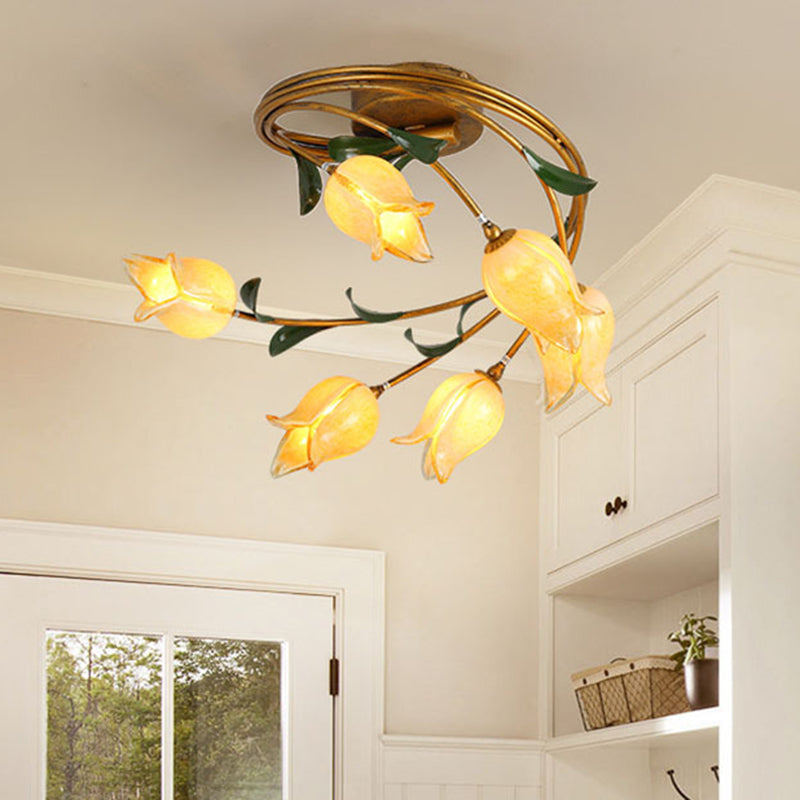 6 Bulbs Tulip Ceiling Light Pastoral Metal LED Semi Flush Mount Lighting in Brass for Living Room Brass A Clearhalo 'Ceiling Lights' 'Close To Ceiling Lights' 'Close to ceiling' 'Semi-flushmount' Lighting' 391600