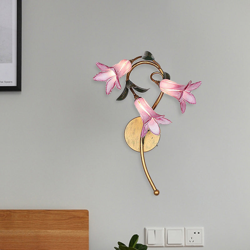 Lily Metal Sconce Lamp Romantic Pastoral 3 Heads Bedroom LED Wall Mounted Light Fixture in White/Pink Pink Clearhalo 'Wall Lamps & Sconces' 'Wall Lights' Lighting' 391617