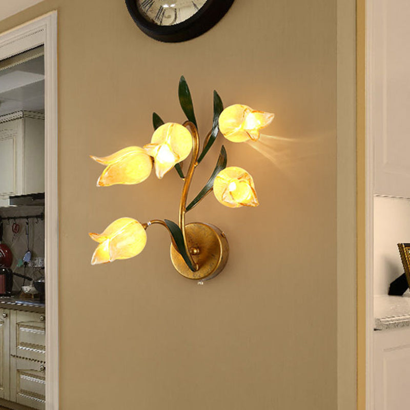 Countryside Flower Wall Mount Lamp 5 Heads Metal LED Wall Sconce Light in Gold for Living Room Gold A Clearhalo 'Wall Lamps & Sconces' 'Wall Lights' Lighting' 391636