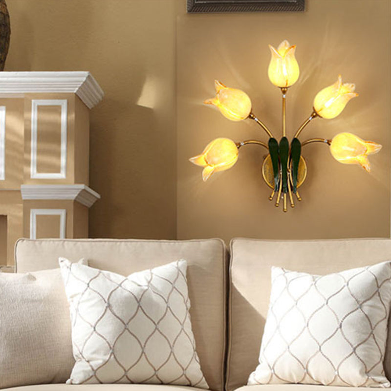 5 Bulbs Wall Light Sconce American Garden Bedroom LED Wall Lighting Fixture with Lily/Tulip Frosted Glass Shade in Gold Gold A Clearhalo 'Wall Lamps & Sconces' 'Wall Lights' Lighting' 391647